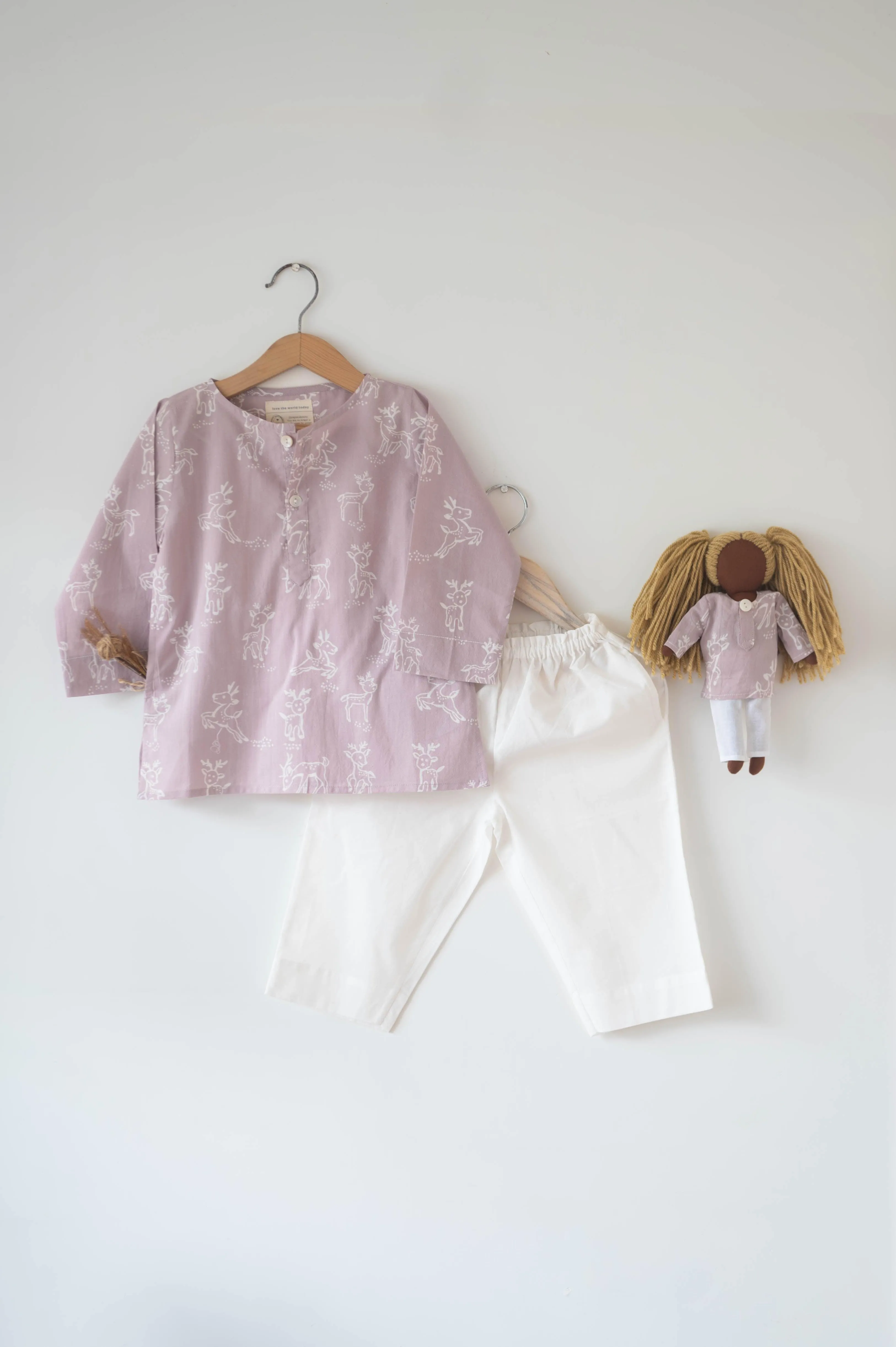 ‘I want to be like grandpa’ kurta pajama set in lilac reindeers hand block print