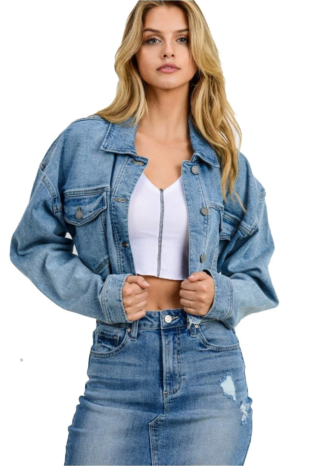 Khanomak Women's Long Sleeve Oversized Cropped Denim Jacket