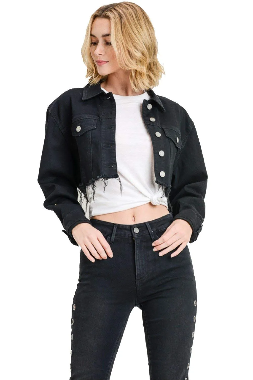 Khanomak Women's Long Sleeve Oversized Cropped Denim Jacket