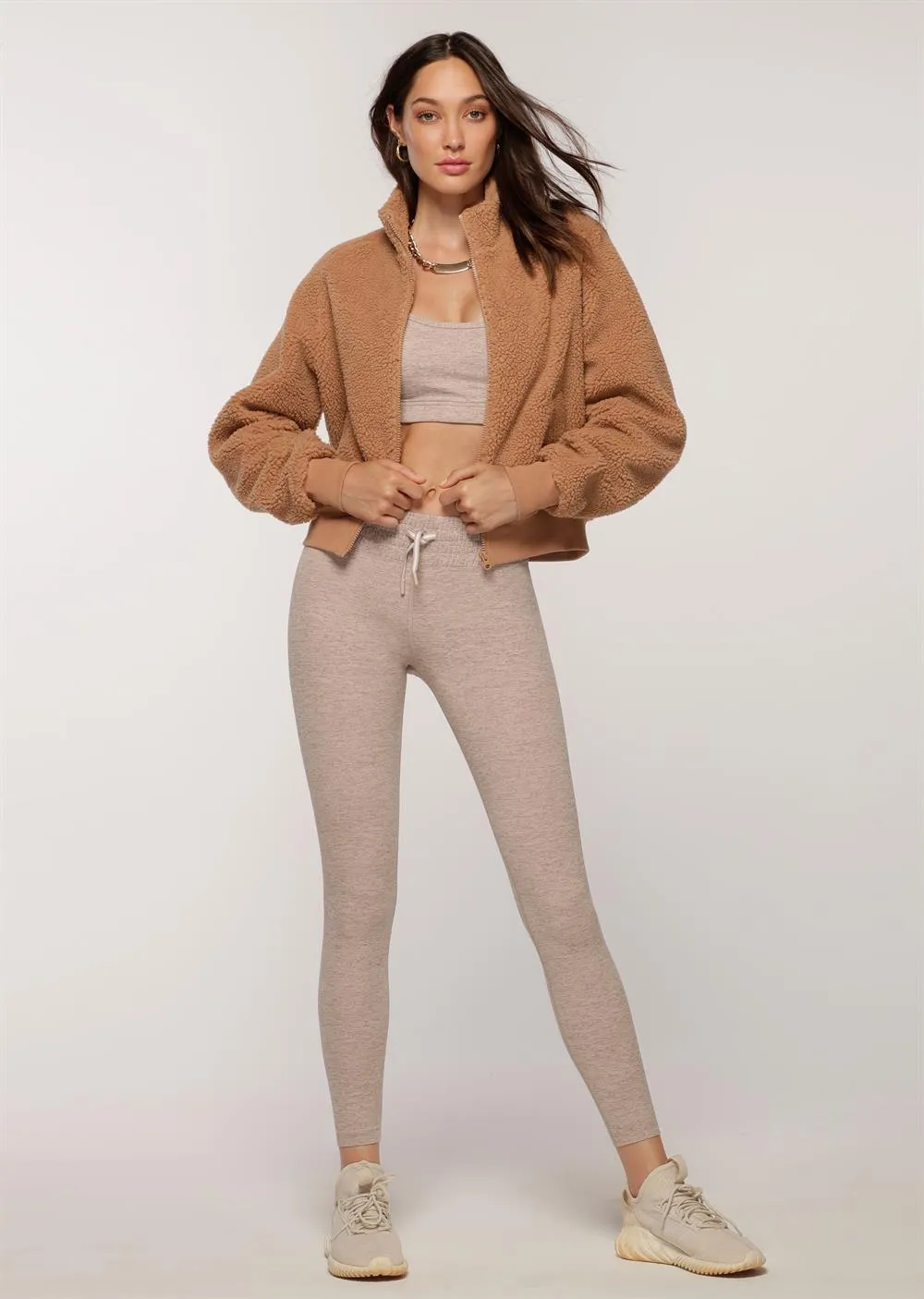 Lorna Jane Comfy Sherpa Bomber Jacket in Biscuit