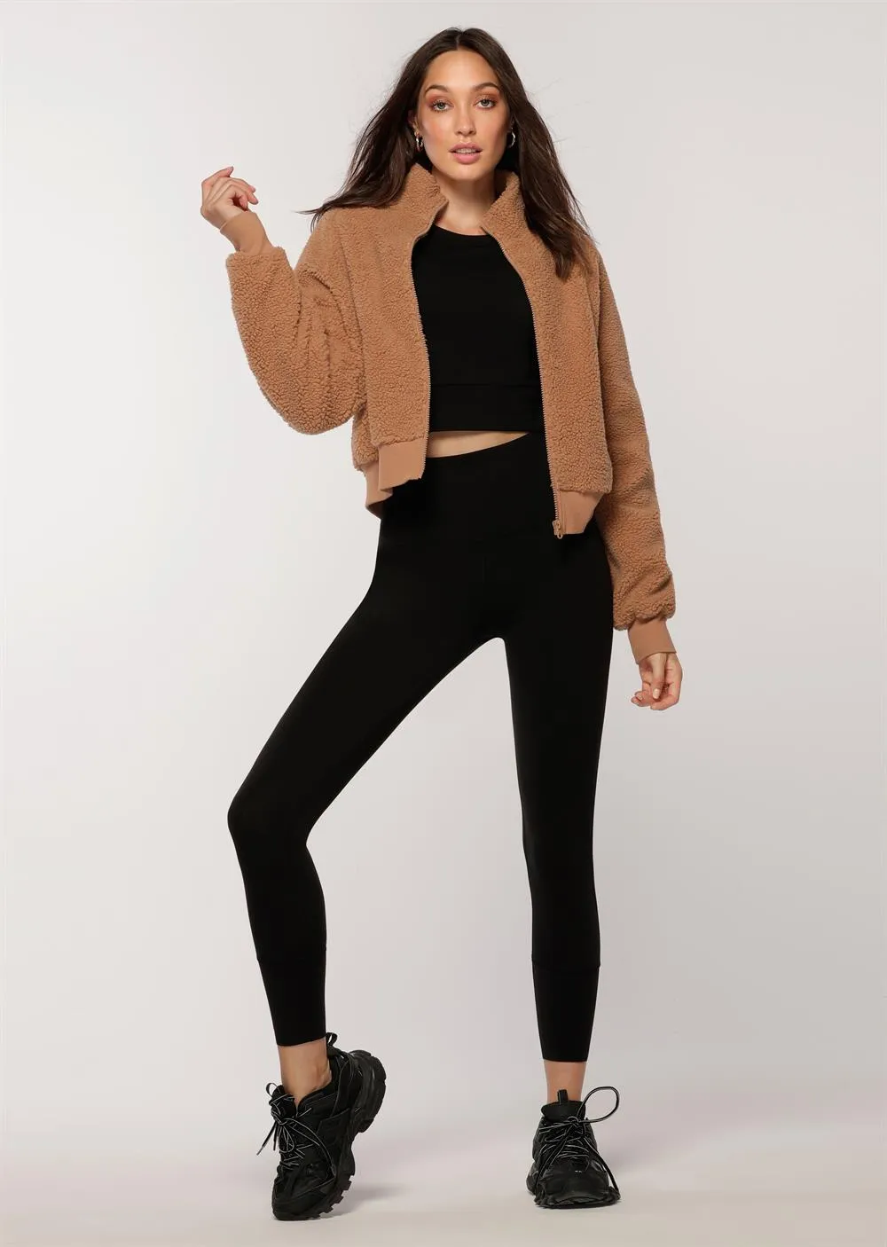 Lorna Jane Comfy Sherpa Bomber Jacket in Biscuit