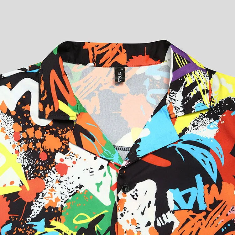 Men Contrast Graffiti Colorblock Soft Breathable Graceful Leisure Shirts