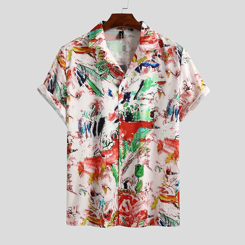 Men Contrast Graffiti Colorblock Soft Breathable Graceful Leisure Shirts