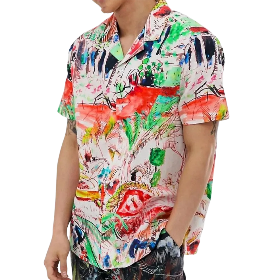 Men Contrast Graffiti Colorblock Soft Breathable Graceful Leisure Shirts