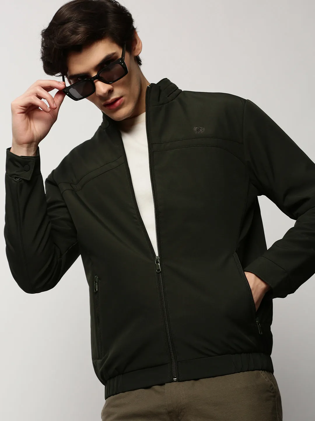 Men Green Solid Casual Bomber Jackets