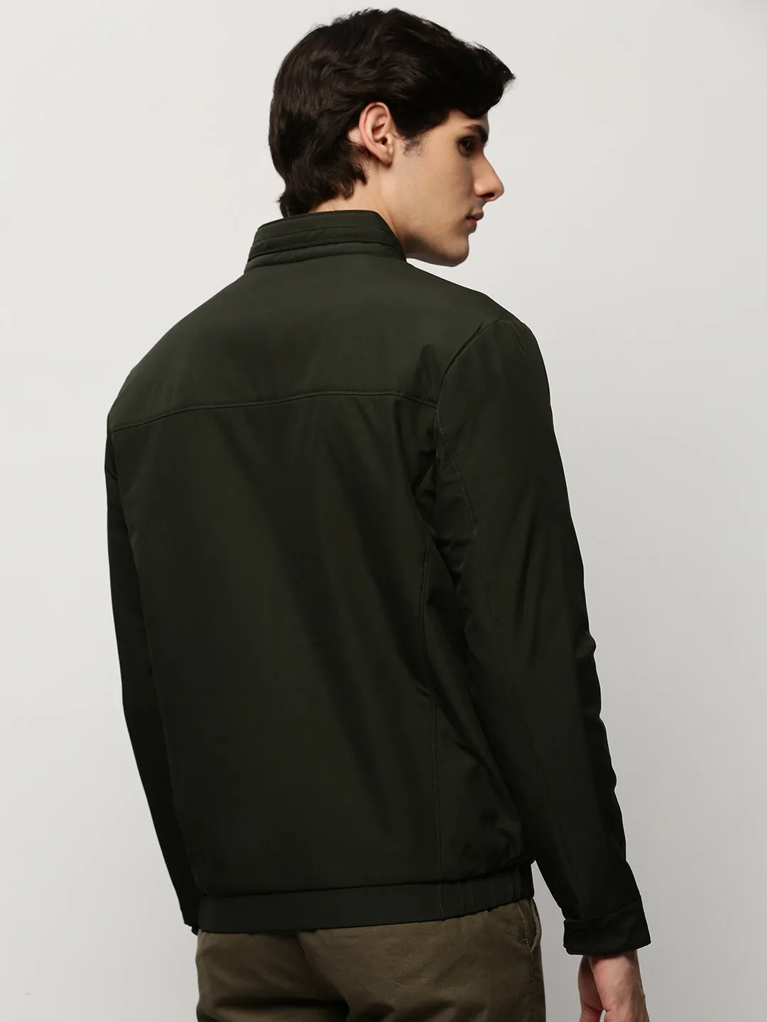 Men Green Solid Casual Bomber Jackets