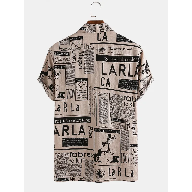 Mens Designer Newspaper Print Revere Collar Short Sleeve Shirts