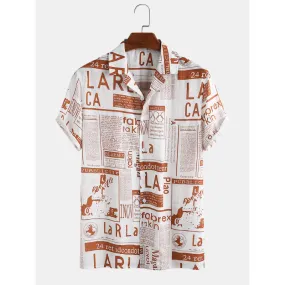 Mens Designer Newspaper Print Revere Collar Short Sleeve Shirts