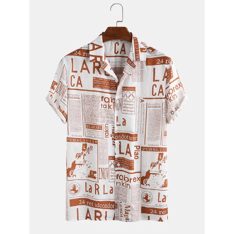 Mens Designer Newspaper Print Revere Collar Short Sleeve Shirts