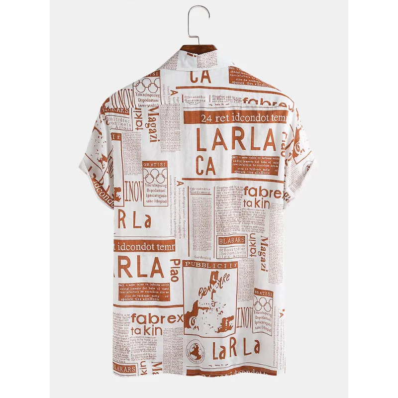 Mens Designer Newspaper Print Revere Collar Short Sleeve Shirts