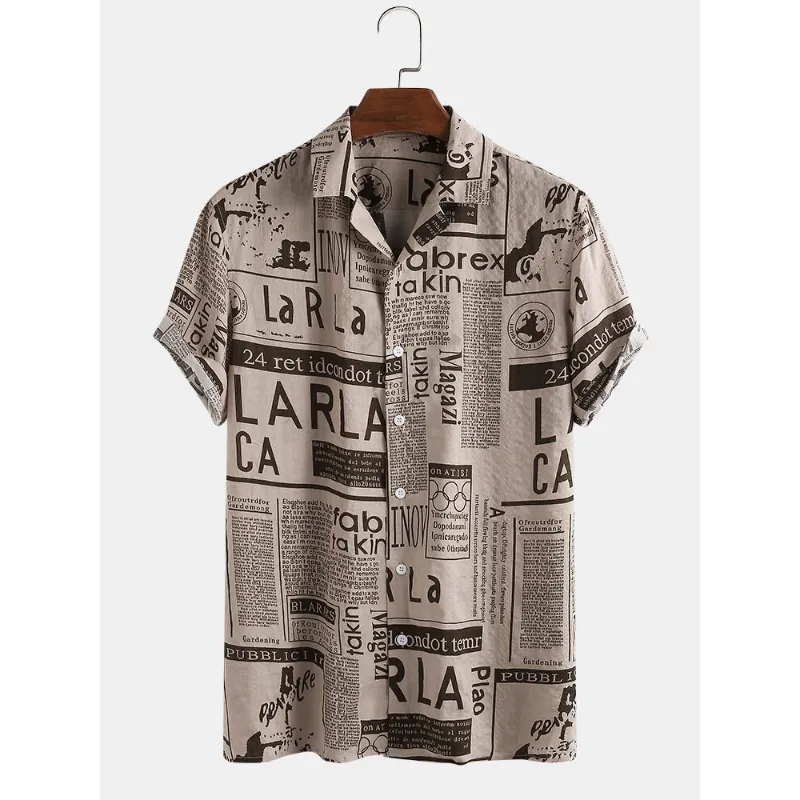 Mens Designer Newspaper Print Revere Collar Short Sleeve Shirts