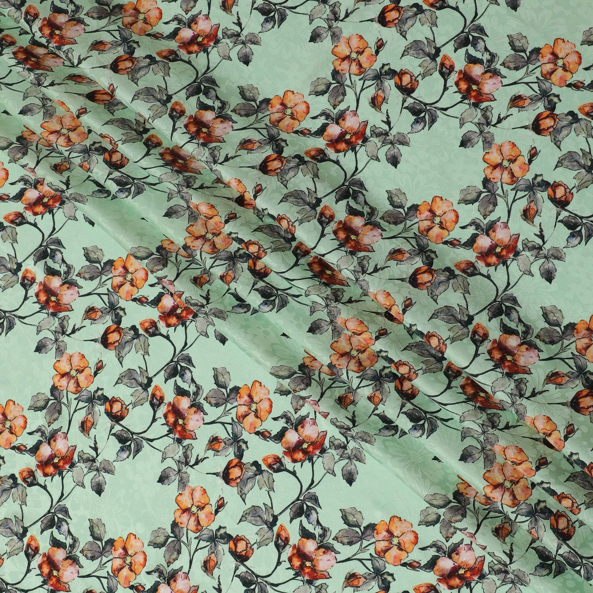 Mint Springtime Blossom Print Crepe Silk Fabric, 110cm Width - Fresh and Floral for Fashion & DÃ©cor-D18909