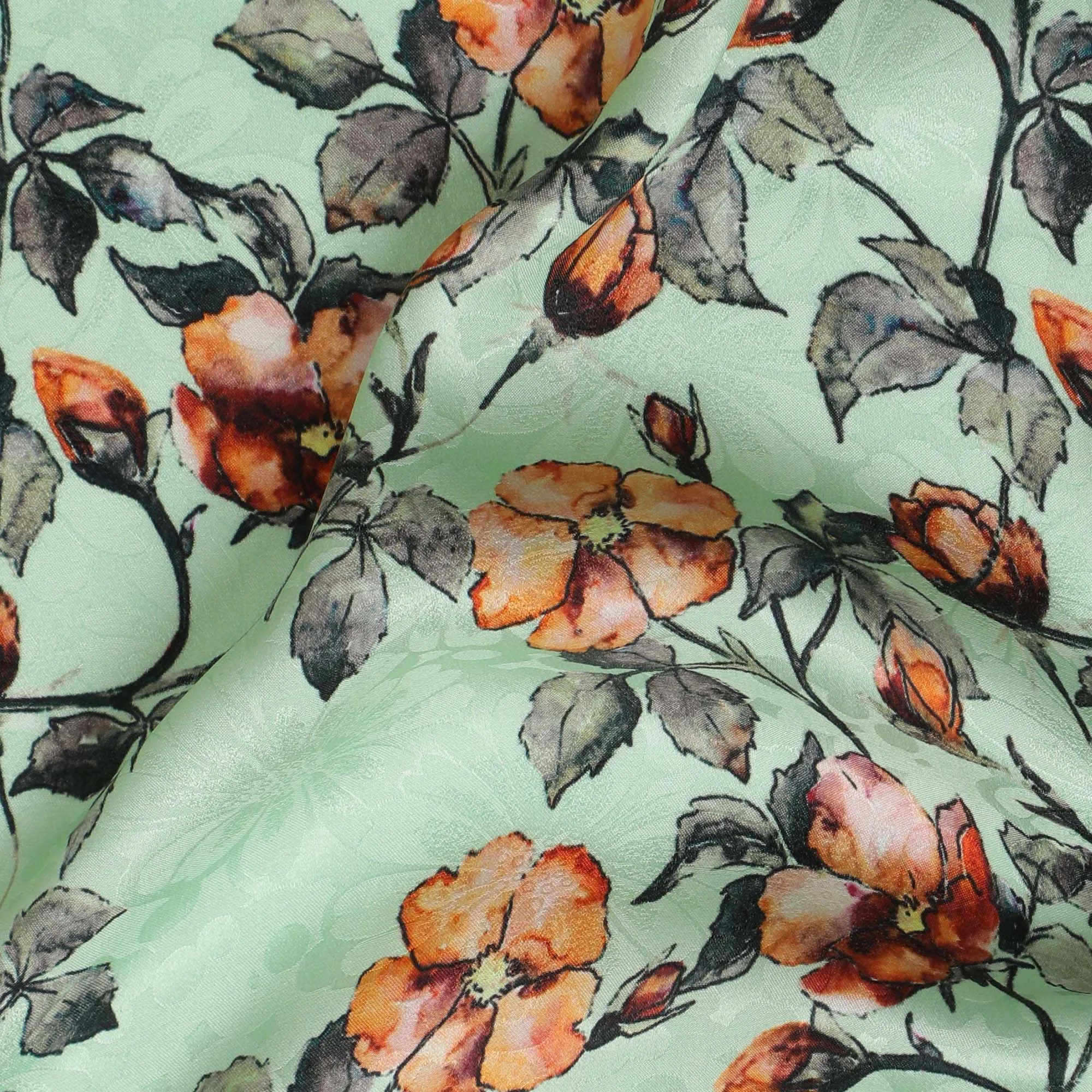 Mint Springtime Blossom Print Crepe Silk Fabric, 110cm Width - Fresh and Floral for Fashion & DÃ©cor-D18909