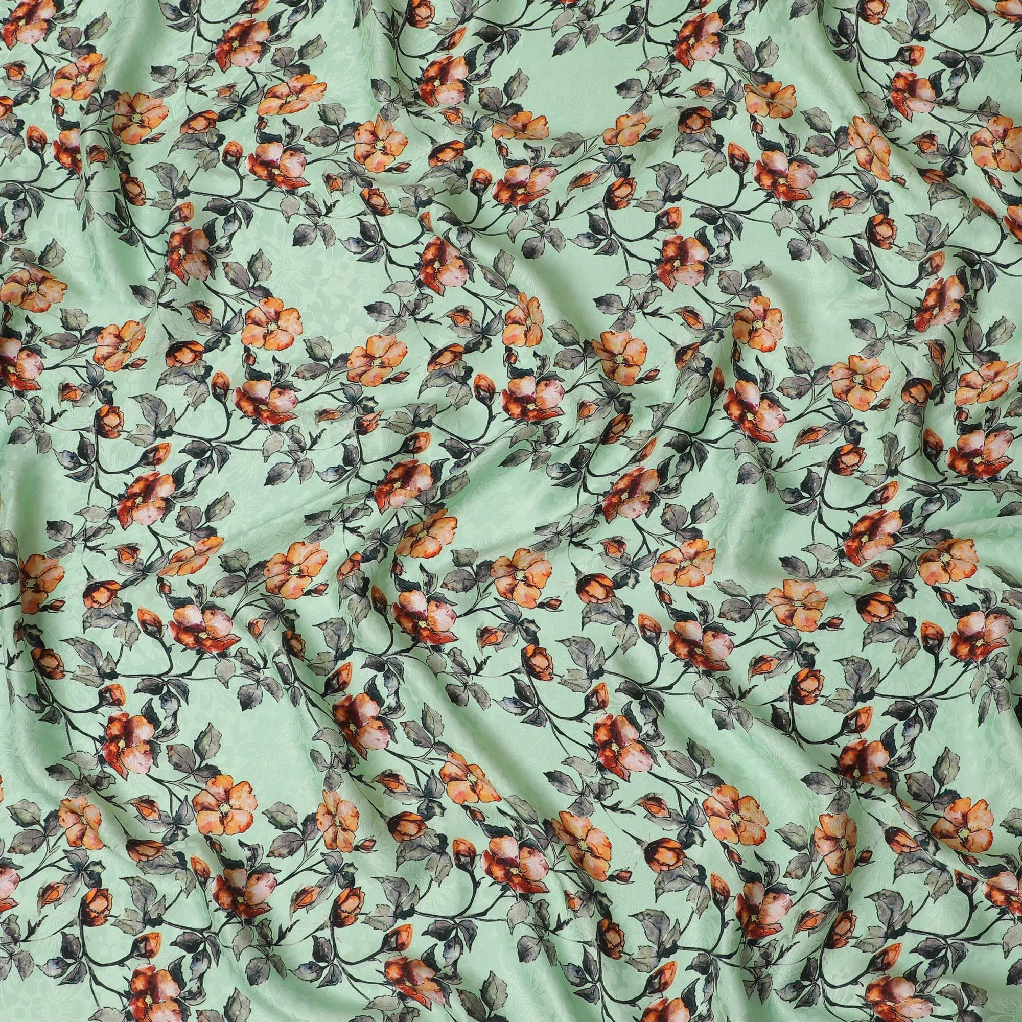 Mint Springtime Blossom Print Crepe Silk Fabric, 110cm Width - Fresh and Floral for Fashion & DÃ©cor-D18909