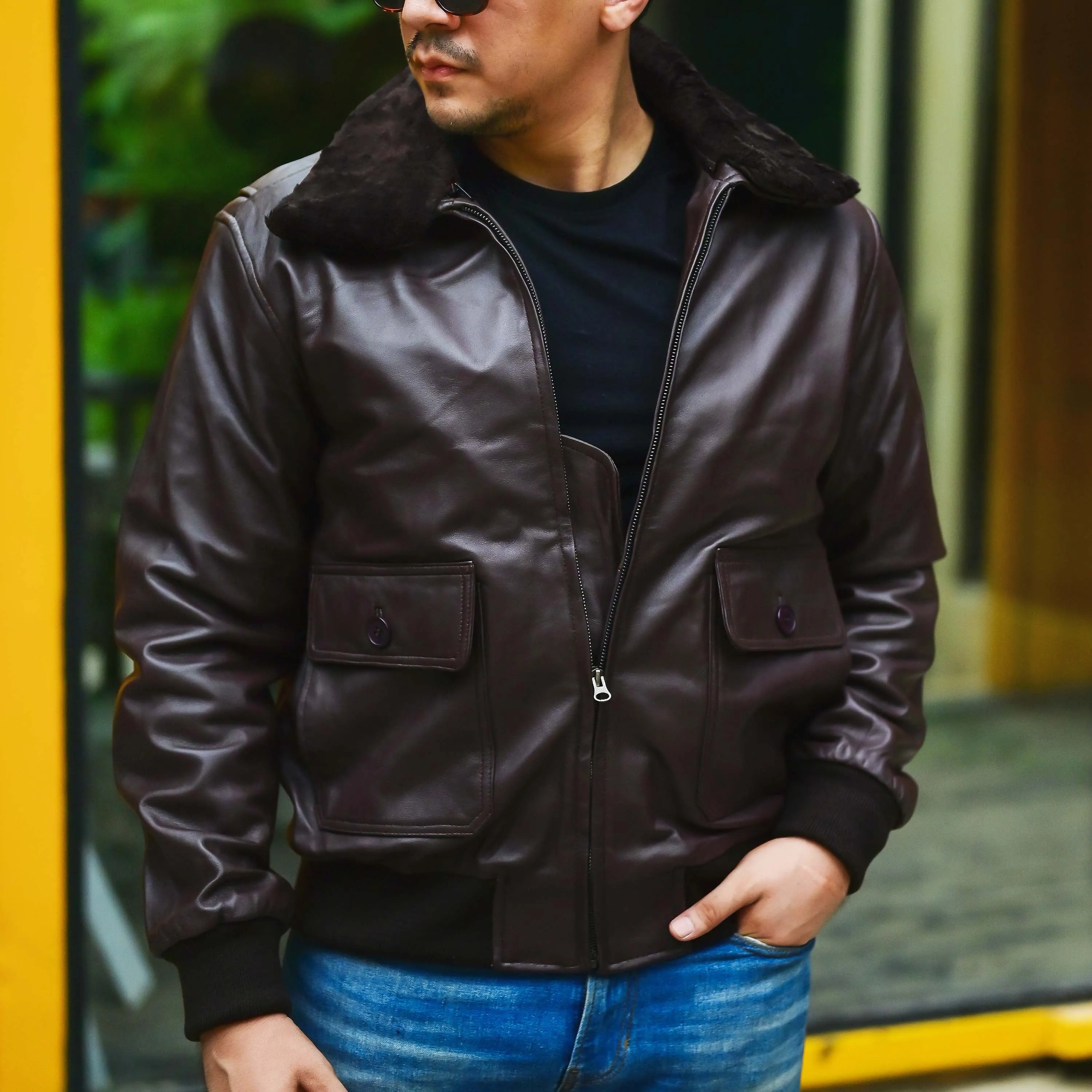 Navy G-1 Real Leather Bomber Jacket Men with Removable Fur Collar