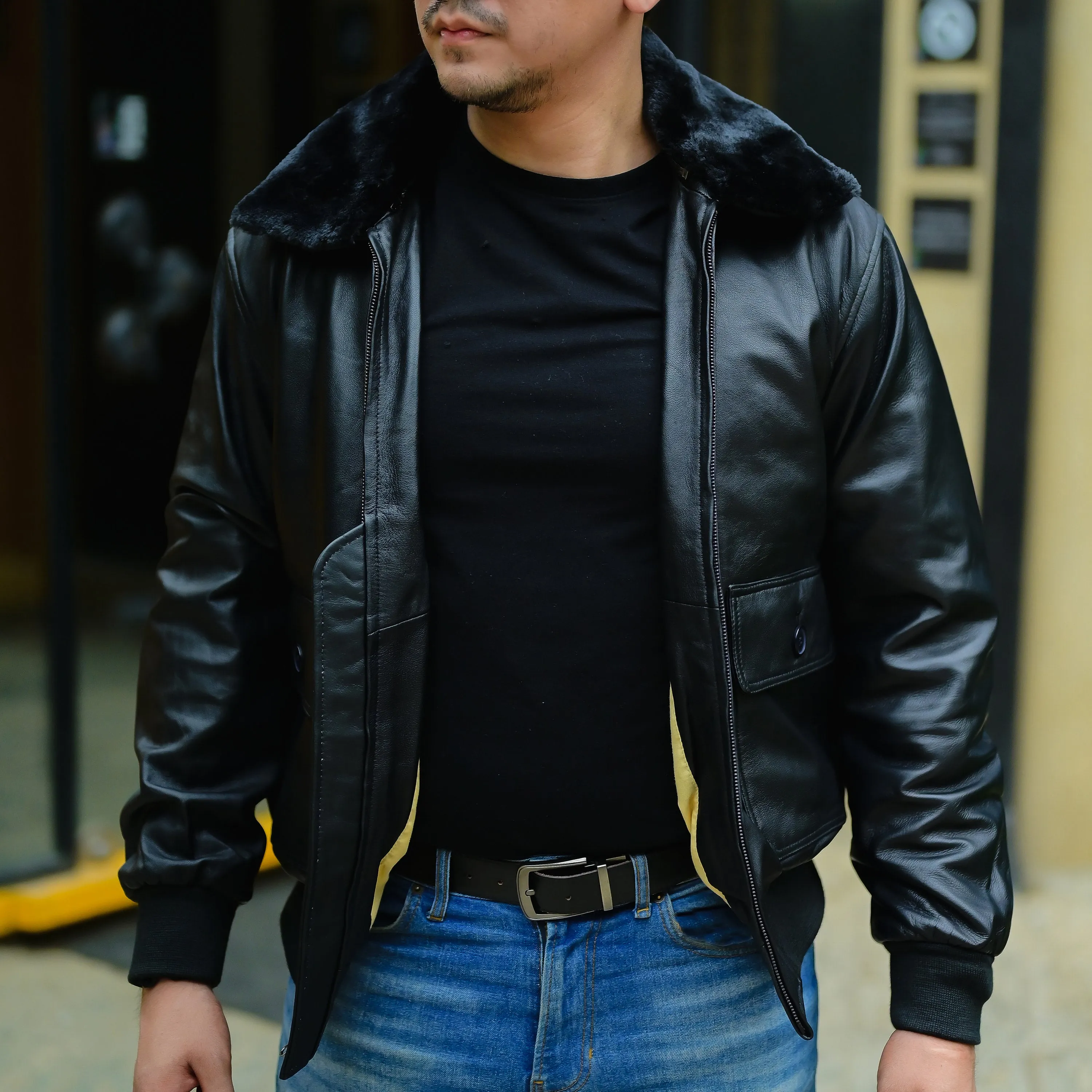 Navy G-1 Real Leather Bomber Jacket Men with Removable Fur Collar