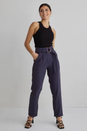 Pierre Navy Soft Viscose Tapered Leg Belted Pant