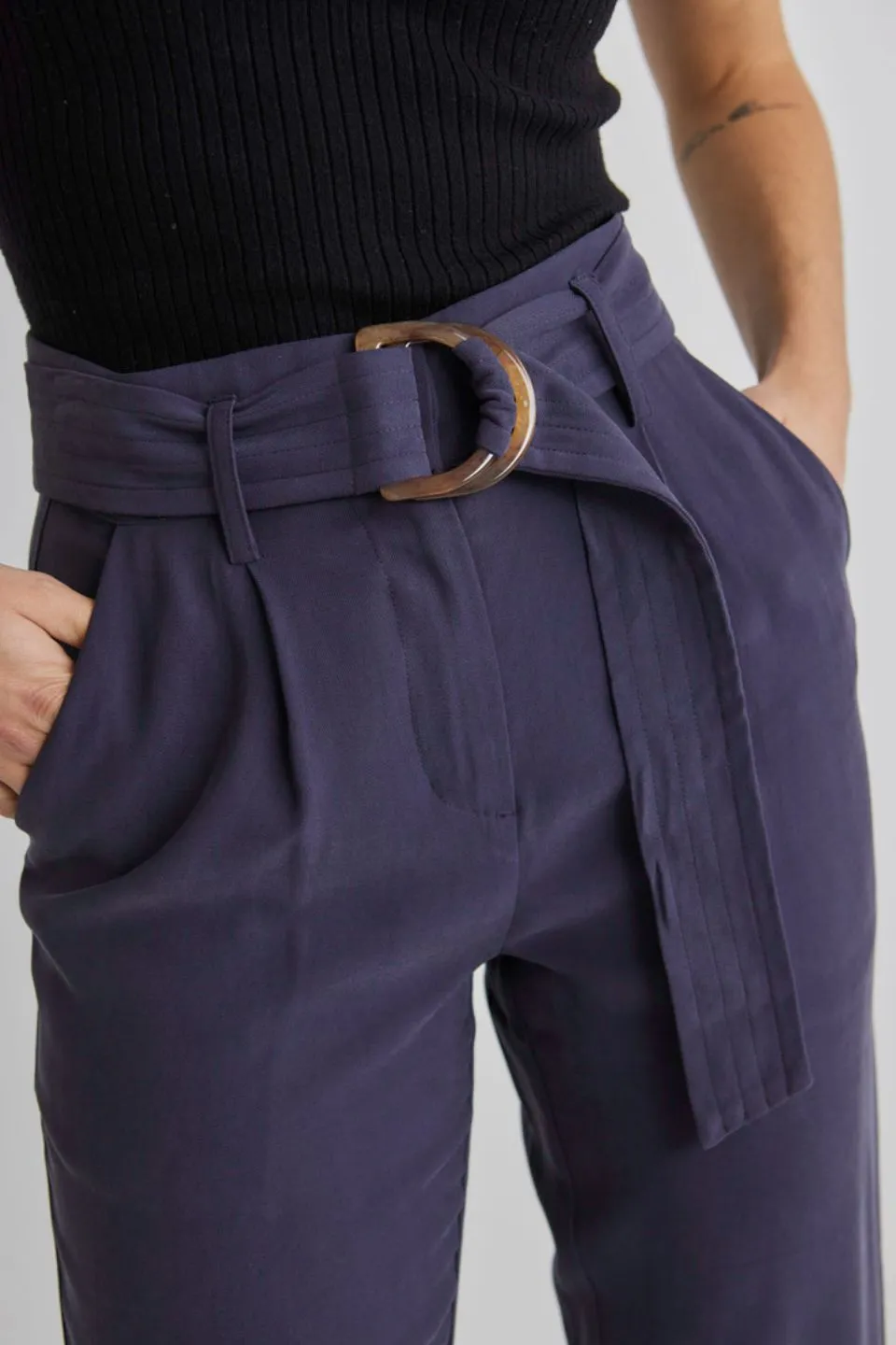 Pierre Navy Soft Viscose Tapered Leg Belted Pant