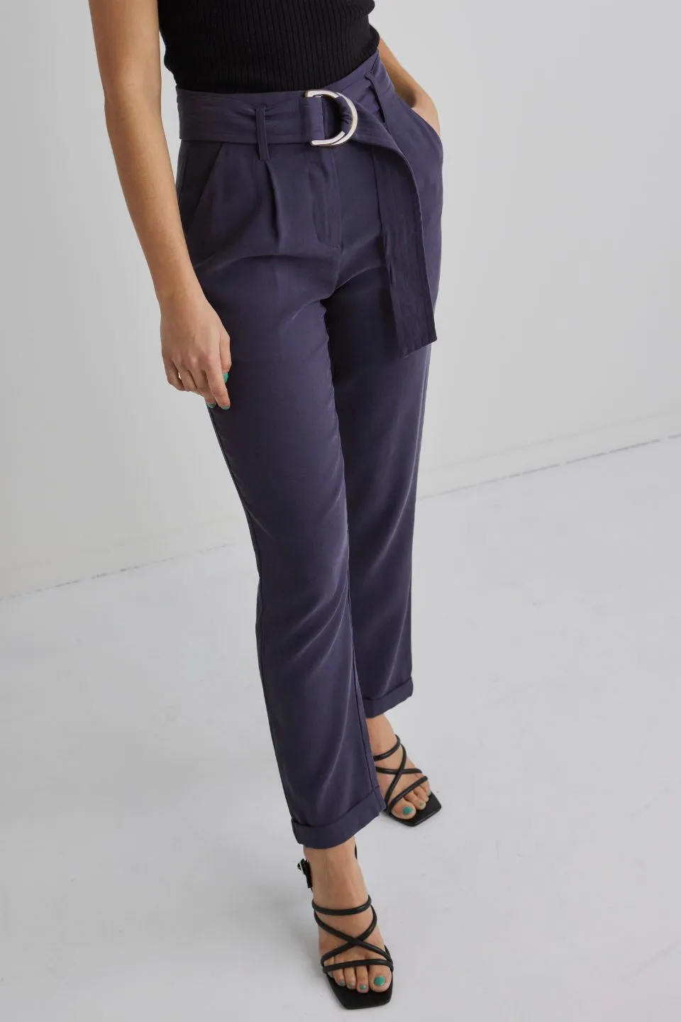 Pierre Navy Soft Viscose Tapered Leg Belted Pant