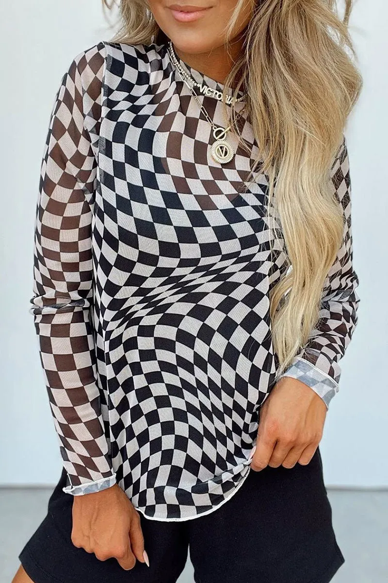 Playful Personality Black Checkered Mesh Top