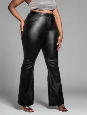 Plus High Waist PU Leather Flare Leg Pants