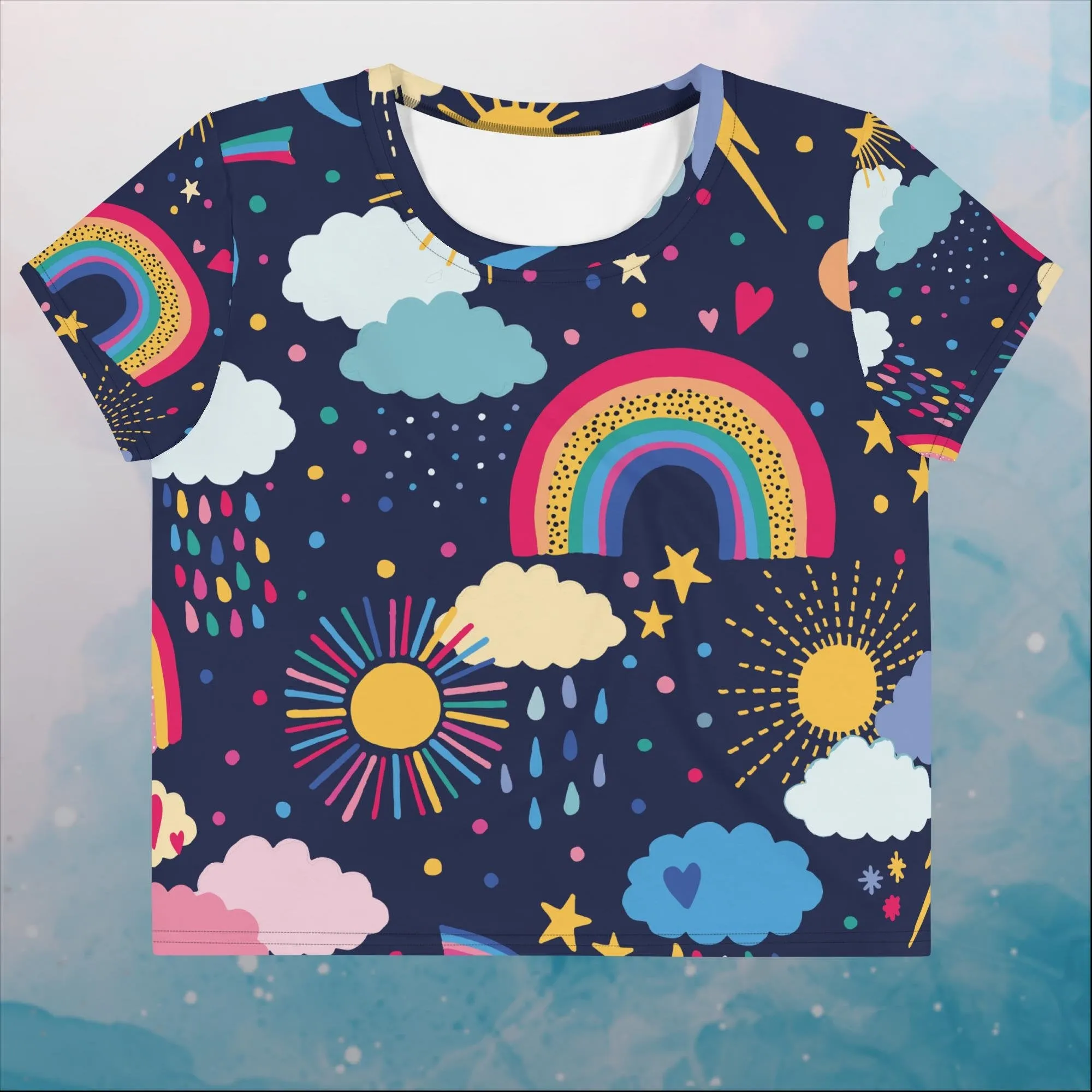 Rainbows and Rain Clouds Weather Themed Womens Print Crop Tee