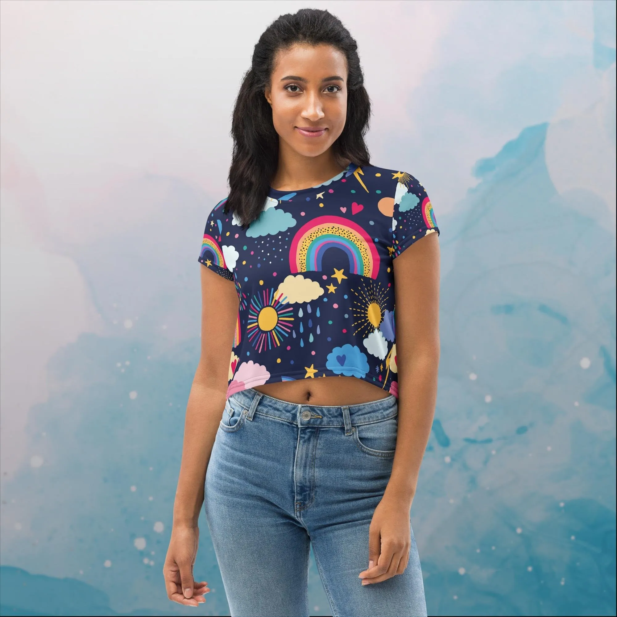 Rainbows and Rain Clouds Weather Themed Womens Print Crop Tee