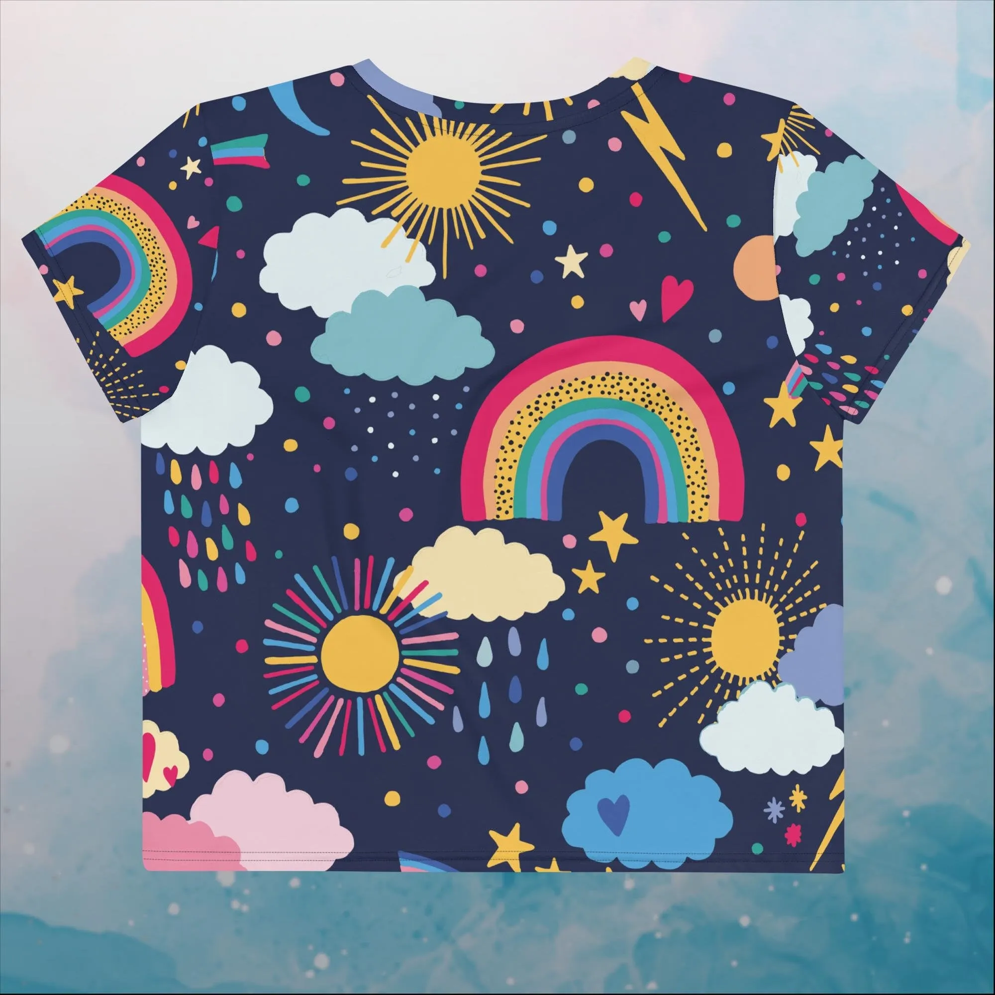 Rainbows and Rain Clouds Weather Themed Womens Print Crop Tee