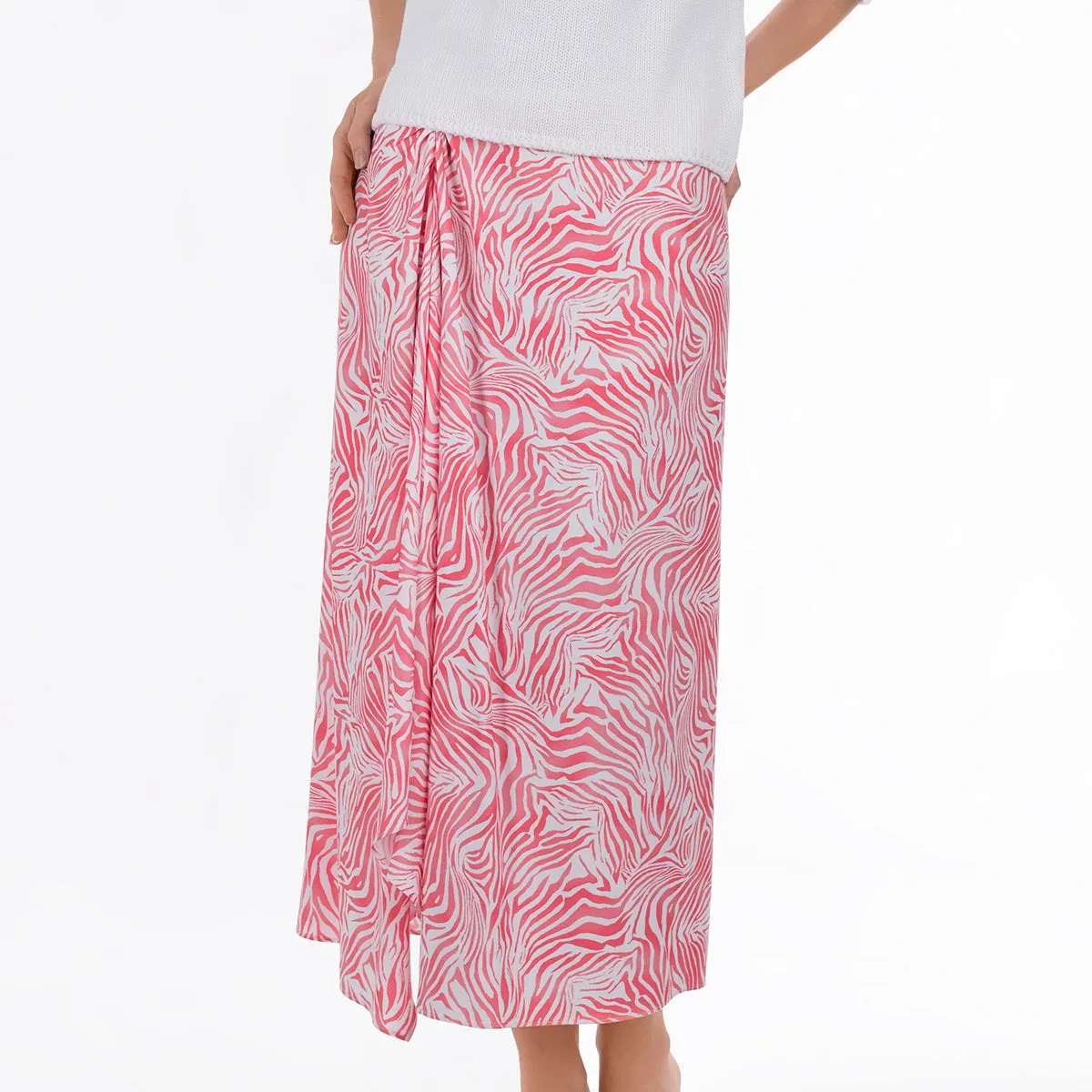 Ruched Midi Skirt in Coral Zebra Waves