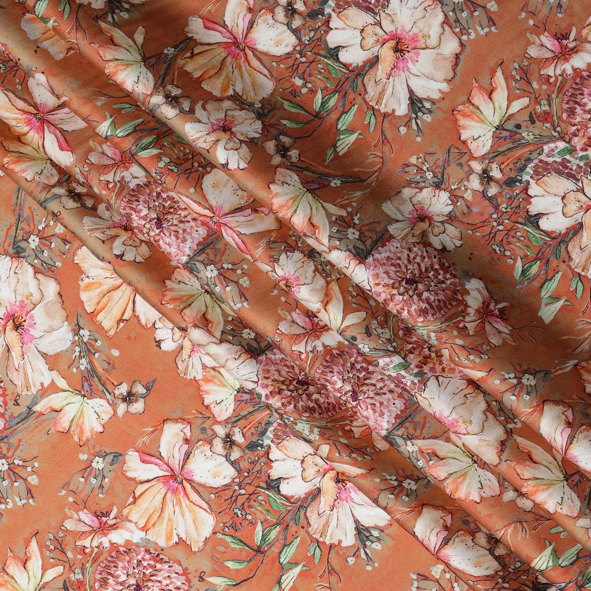 Rusty Orange Synthetic Modal Satin Fabric with White Floral Print, 110 cm Width-D20957