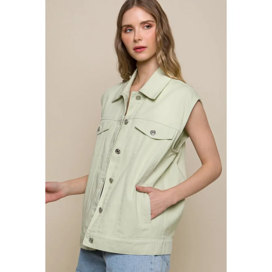 Sleeveless Boxy Fit Denim Jacket Celery