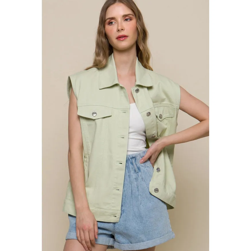 Sleeveless Boxy Fit Denim Jacket Celery