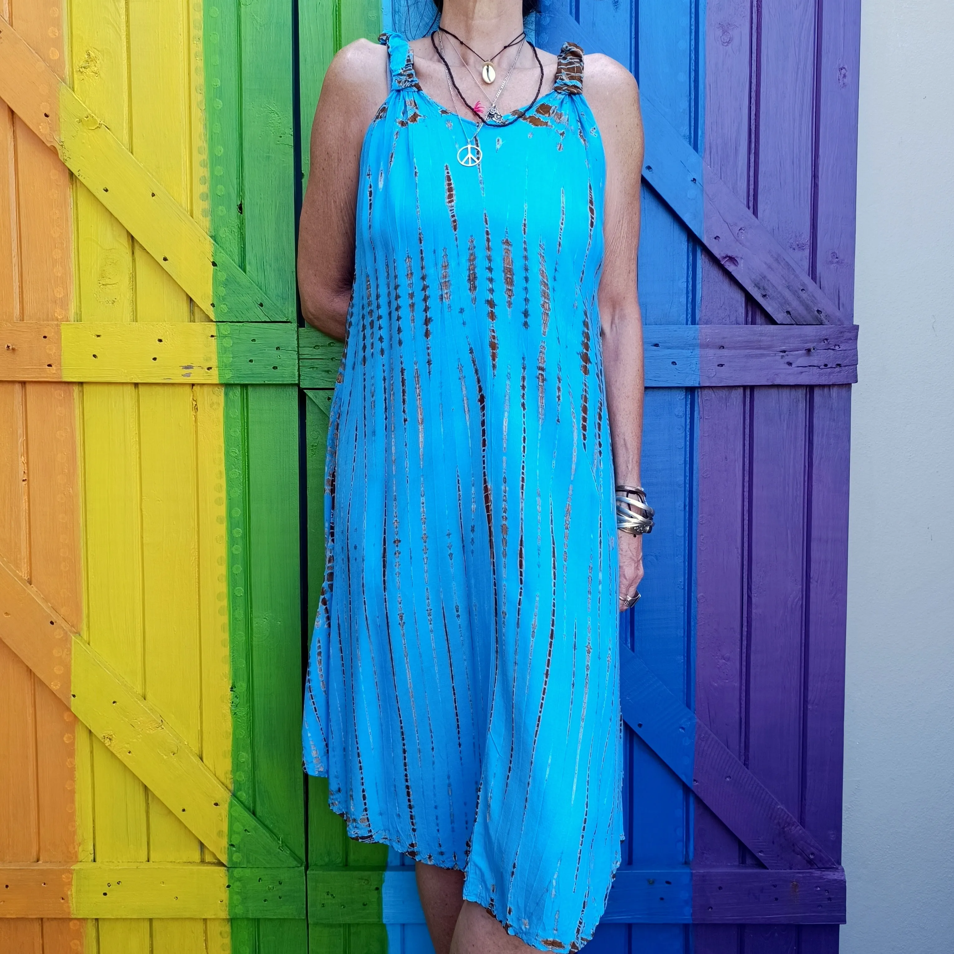 Sleeveless Short Knee Length Tie Dye Dress Rayon