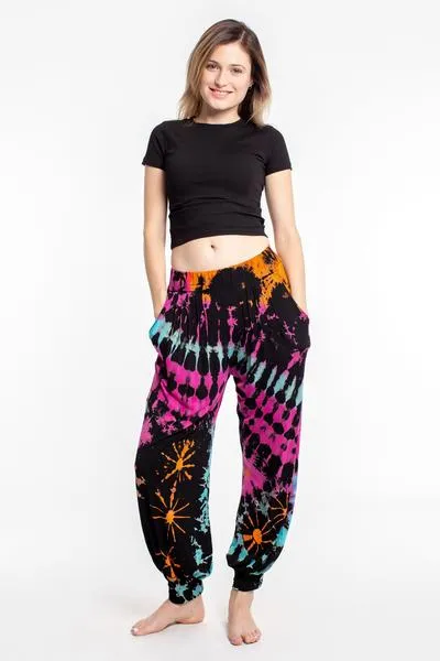 Unisex Tie Dye Cotton Harem Pants in Festival Black