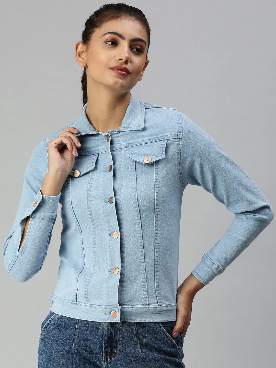 Women's Blue Solid Denim Jacket Jackets