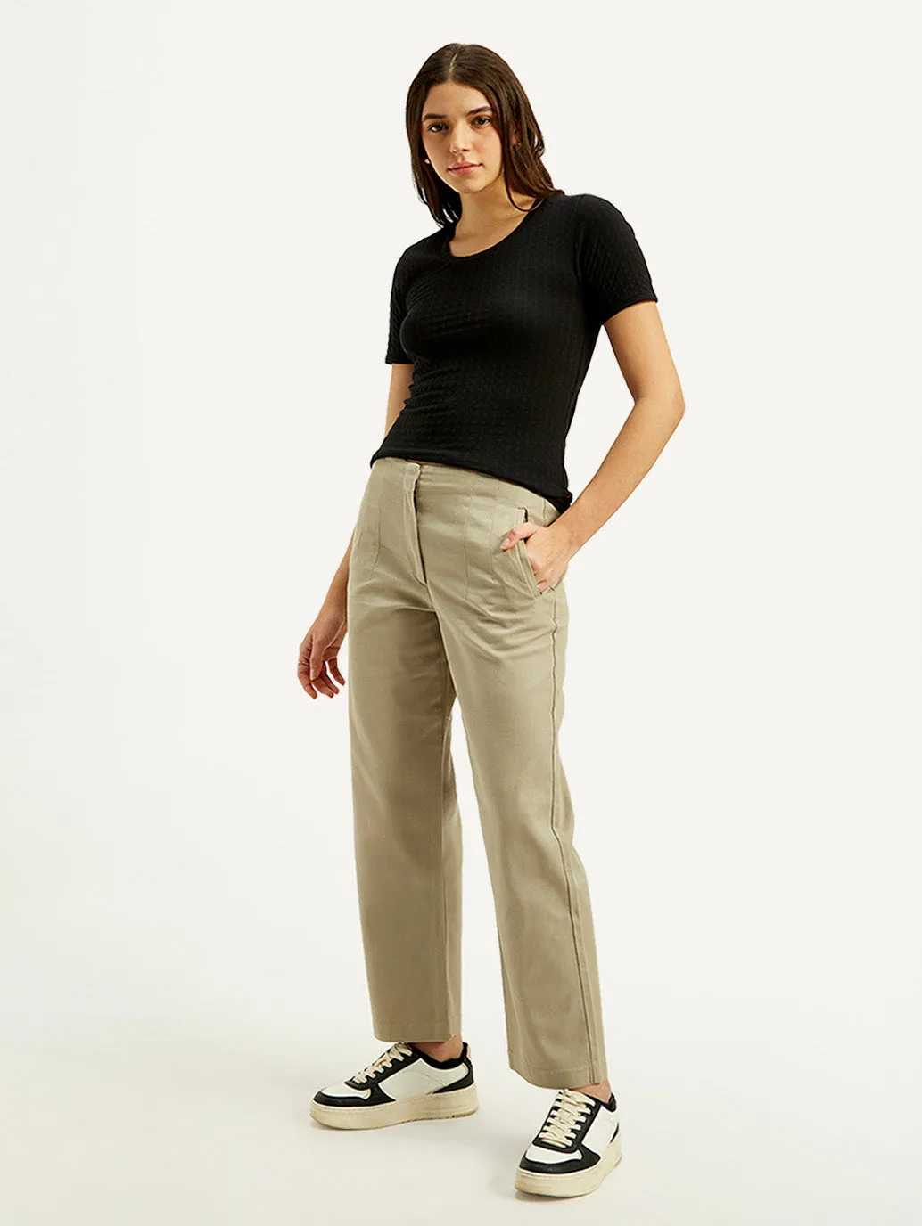 Women's Mid Rise Khaki Loose Fit Trousers