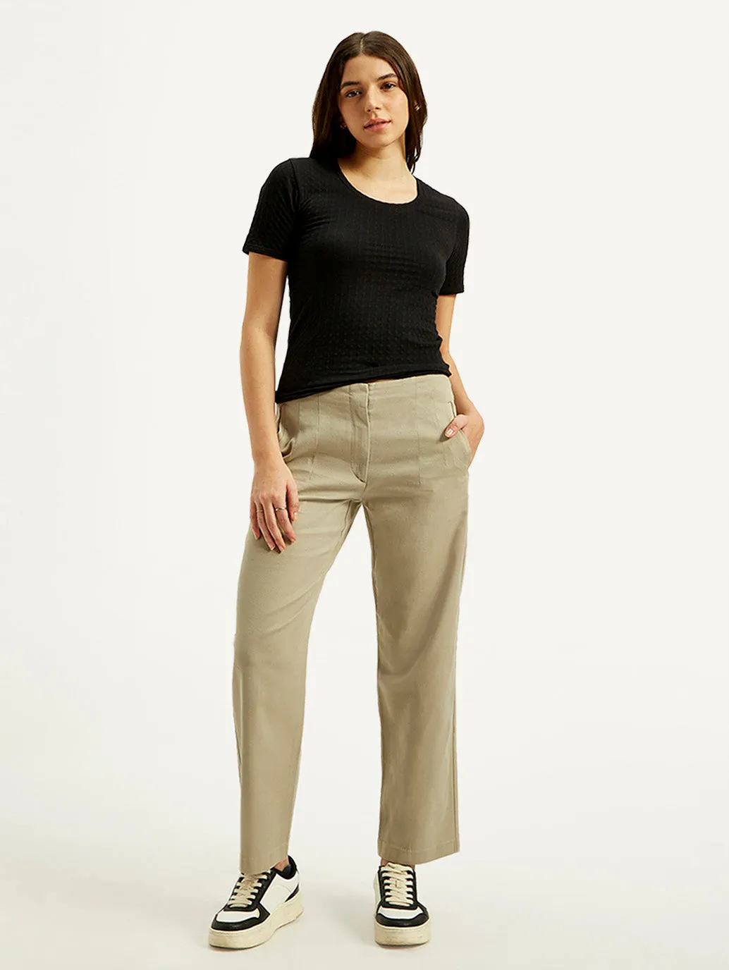 Women's Mid Rise Khaki Loose Fit Trousers