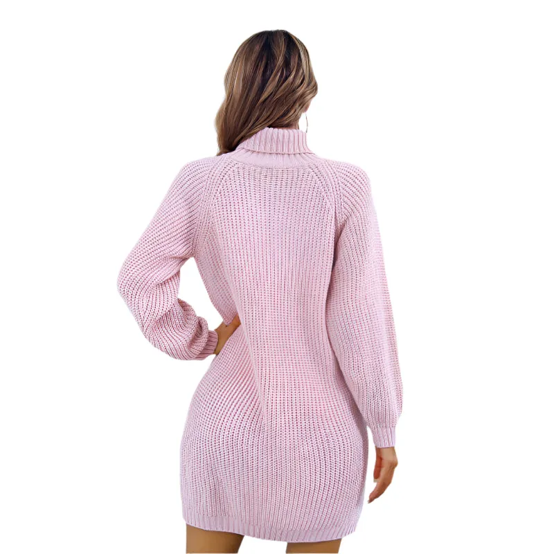 Women's Winter Turtleneck Long Sweater Dress With Leisure Button Design