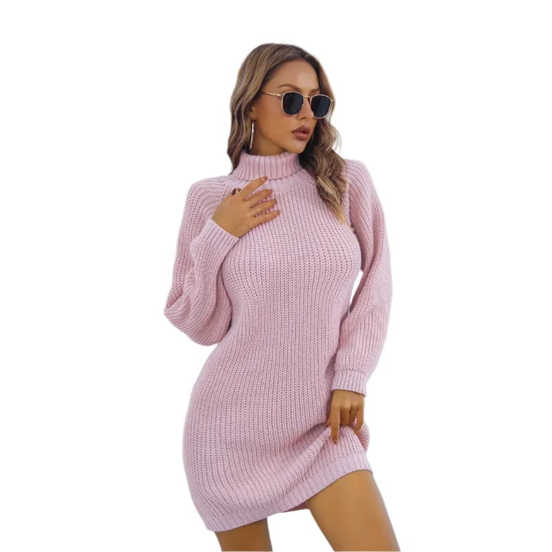 Women's Winter Turtleneck Long Sweater Dress With Leisure Button Design