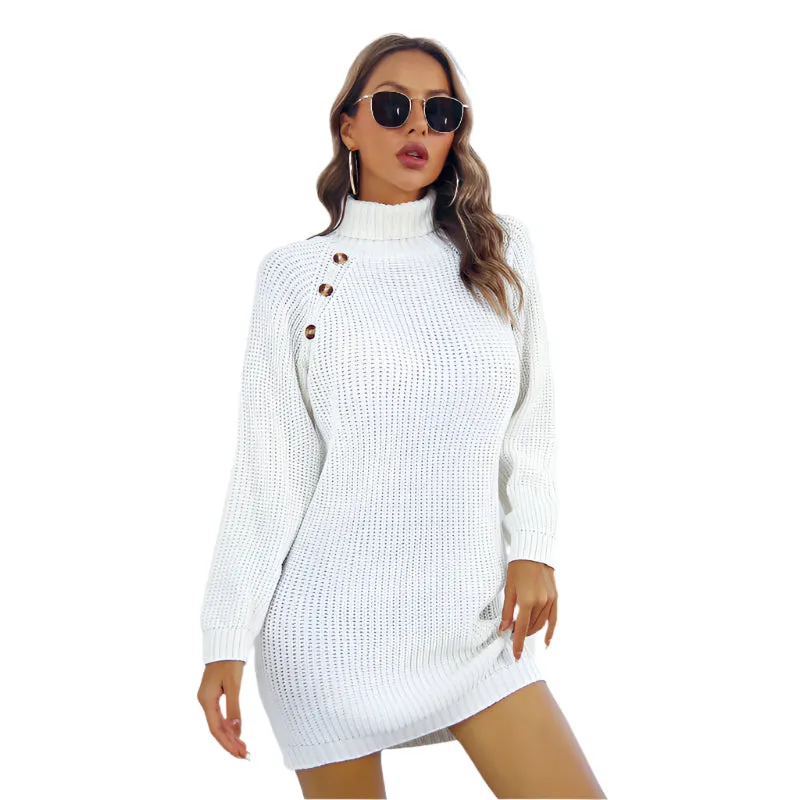 Women's Winter Turtleneck Long Sweater Dress With Leisure Button Design