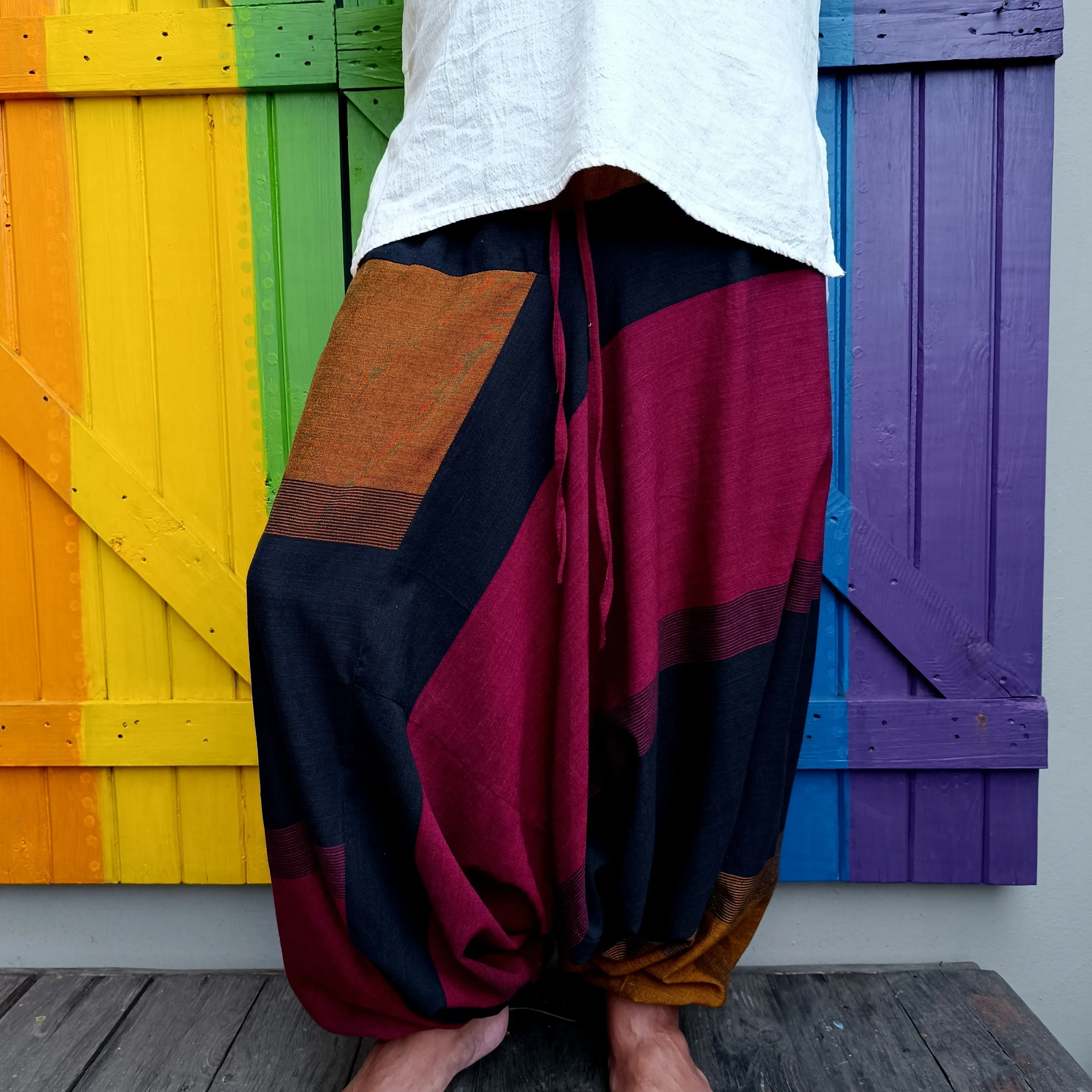 Woven Broad Stripe Cotton Afghan Style Drawstring Hippie Pants