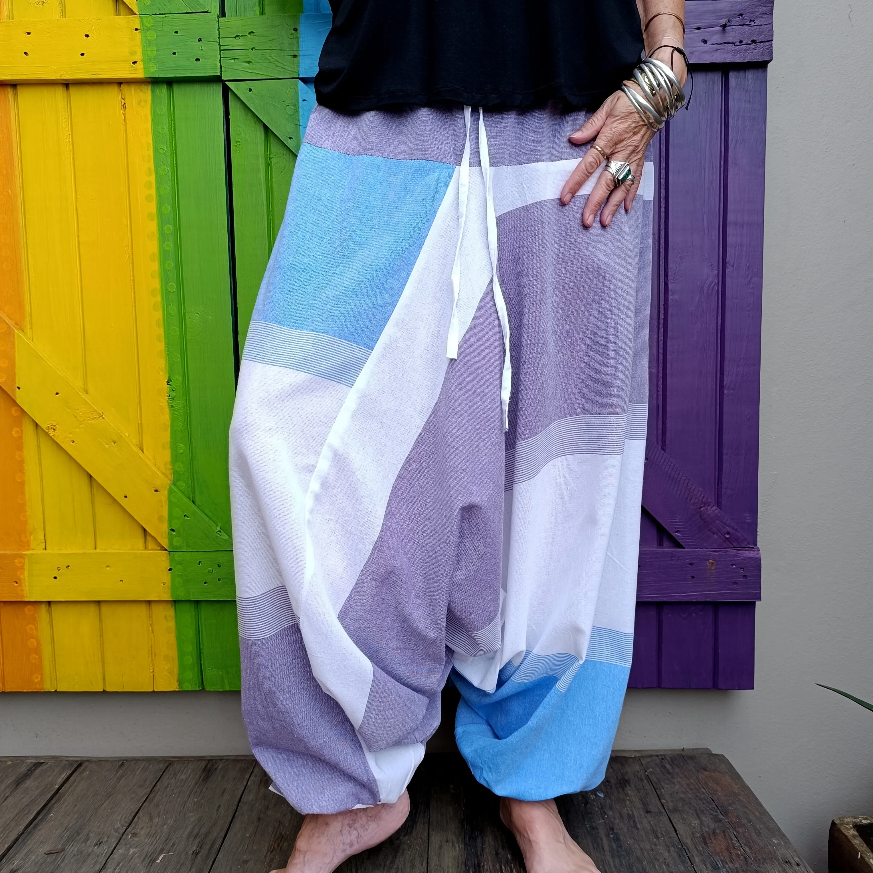 Woven Broad Stripe Cotton Afghan Style Drawstring Hippie Pants