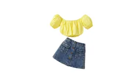 Yellow Top   Denim Skirt 2 Piece Set