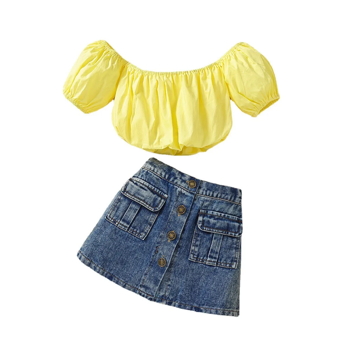 Yellow Top   Denim Skirt 2 Piece Set