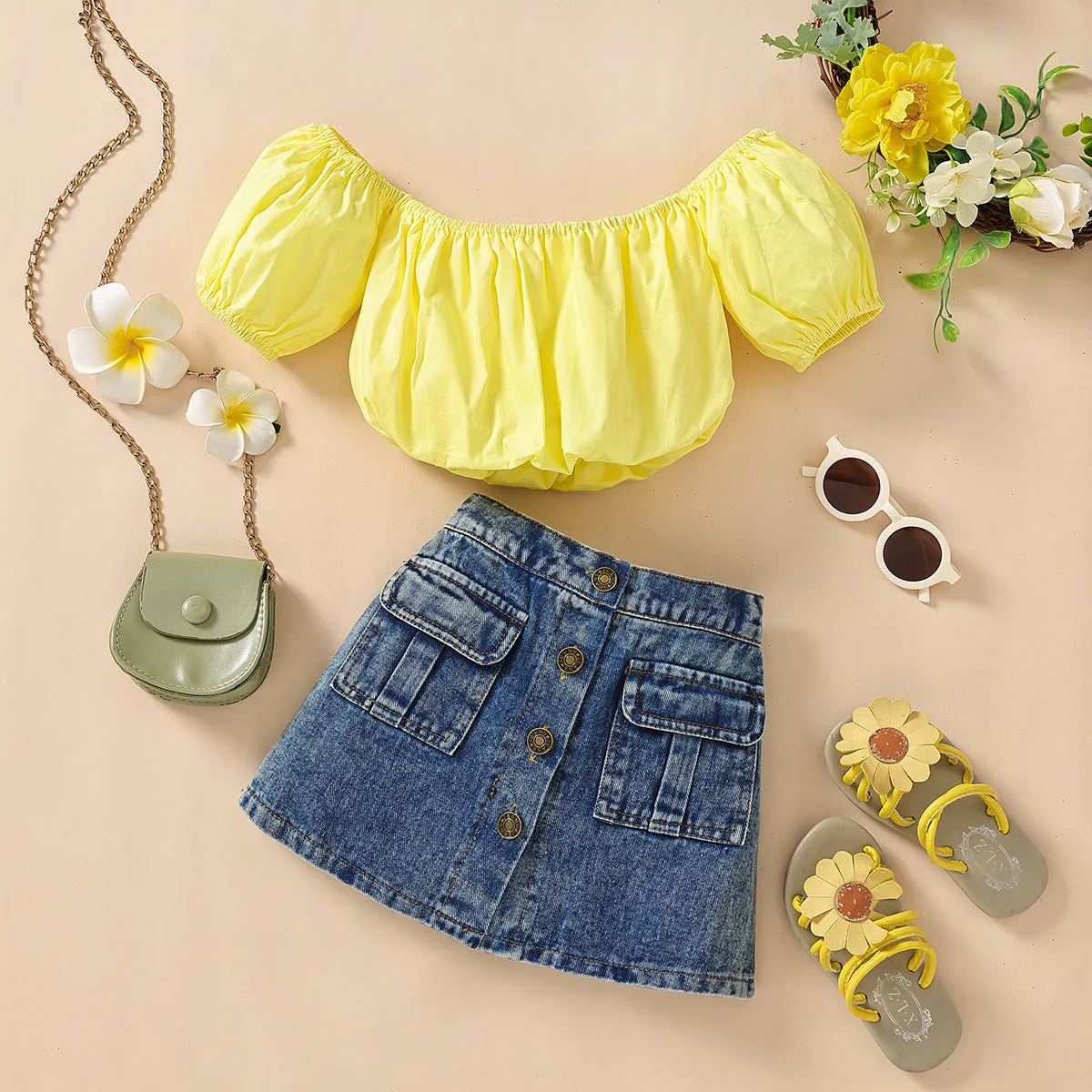 Yellow Top   Denim Skirt 2 Piece Set