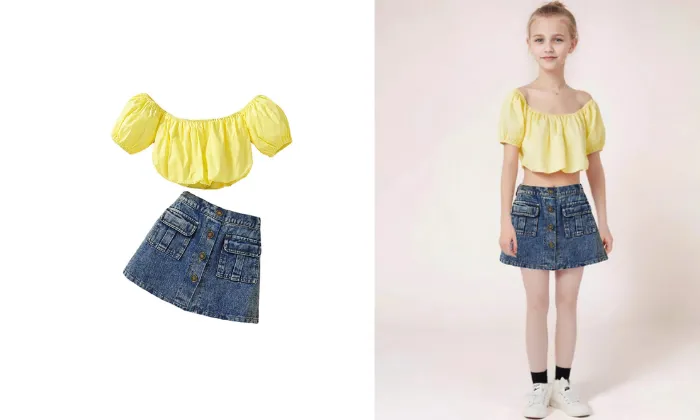 Yellow Top   Denim Skirt 2 Piece Set