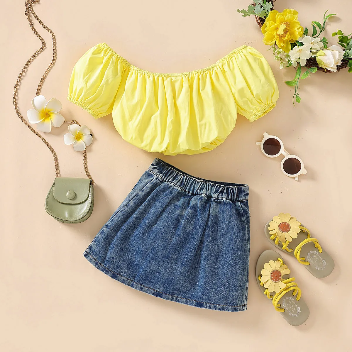 Yellow Top   Denim Skirt 2 Piece Set