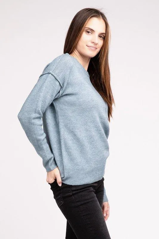 Zenana Hi-Low Hem Round Neck Sweater