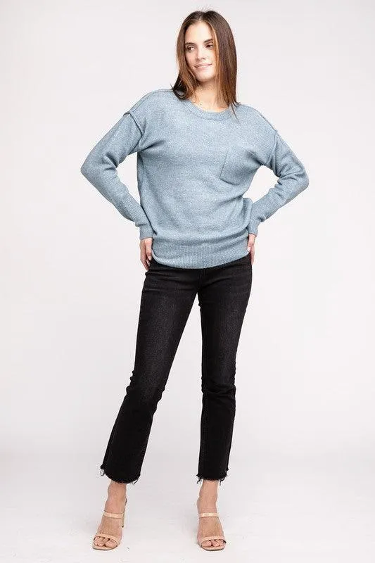 Zenana Hi-Low Hem Round Neck Sweater