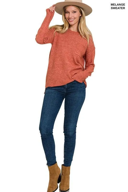 Zenana Hi-Low Hem Round Neck Sweater